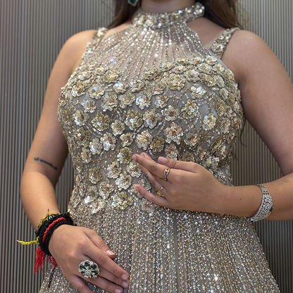 Grey Sequins Embroidered Net Evening Gown with Halter Neck