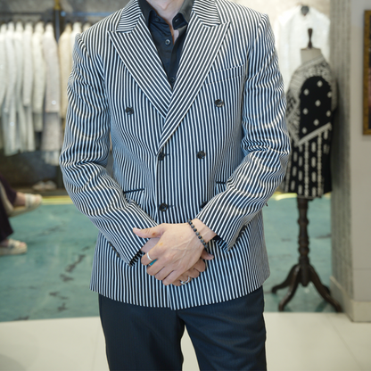 Men's Stripe Suit Designer Double Breasted Buttons Suit Coat