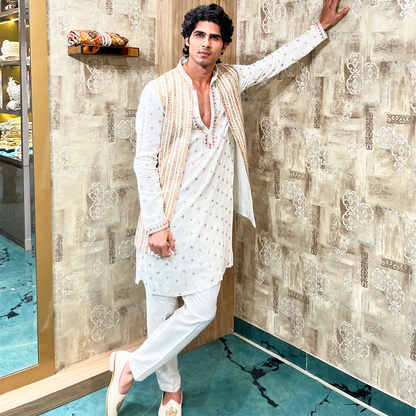 Off White Raw Silk With Mirror Work Embroidery Kurta Set with Jacket