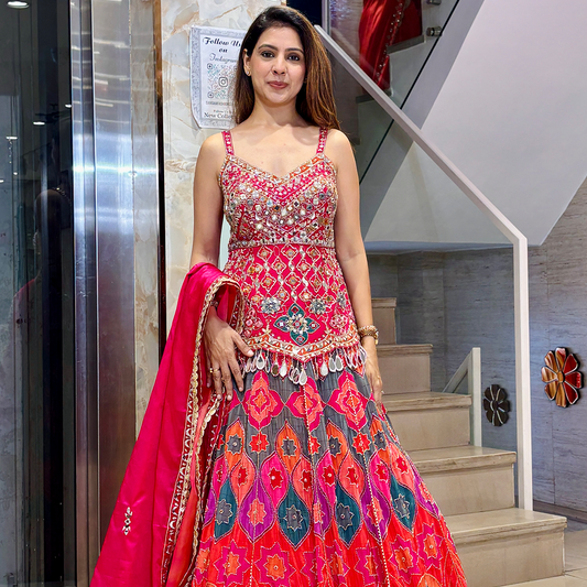 Multi-Colored Crepe Silk Hand Embroidered With Mirror Work Lehenga Set