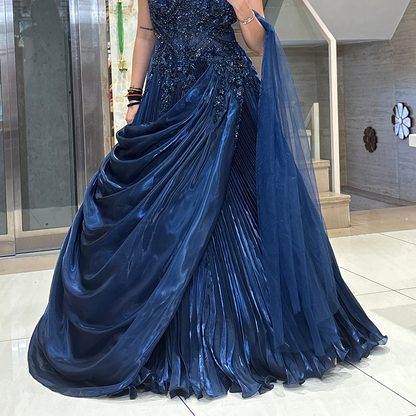 Navy Blue Sequin Embellished Designer Gown with Draped Skirt and Sheer Dupatta