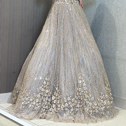 Grey Sequins Embroidered Net Evening Gown with Halter Neck