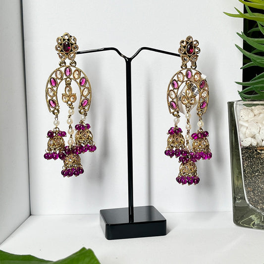 Jhumka Earrings Studded with pearls and Purple Stones