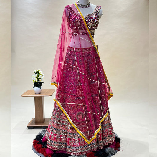 Beautiful Traditional Pink Color Mirror Work Designer Crop Top Lehenga