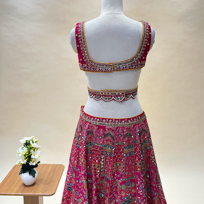 Beautiful Traditional Pink Color Mirror Work Designer Crop Top Lehenga