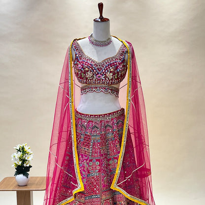 Beautiful Traditional Pink Color Mirror Work Designer Crop Top Lehenga