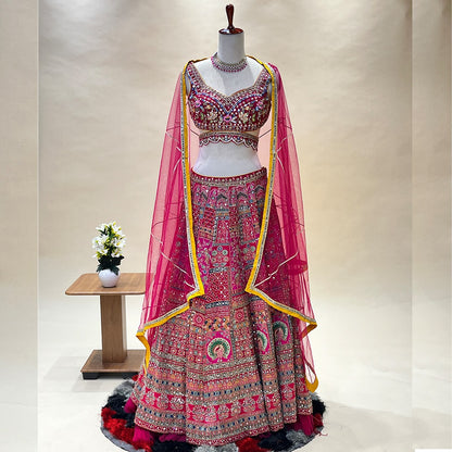 Beautiful Traditional Pink Color Mirror Work Designer Crop Top Lehenga