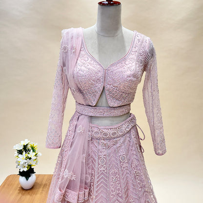 Beautiful Traditional Pink Color Stone Work Designer Crop Top Lehenga