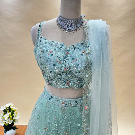 Fancy Flower Work Sky Blue Net Fabric Lehenga Choli