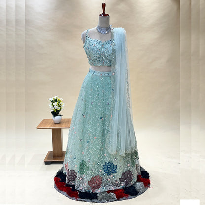 Fancy Flower Work Sky Blue Net Fabric Lehenga Choli