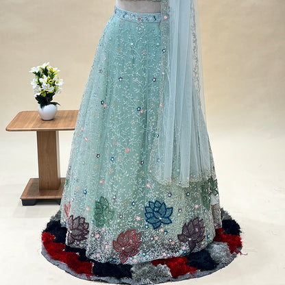 Fancy Flower Work Sky Blue Net Fabric Lehenga Choli