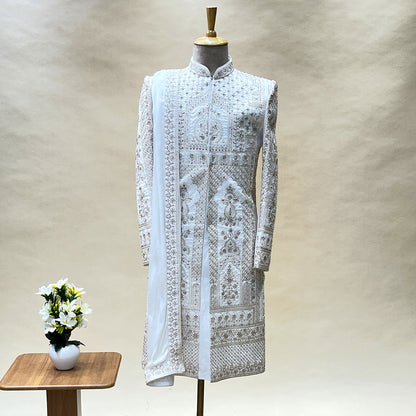 Traditional White Designer Silk Handwork Sherwani