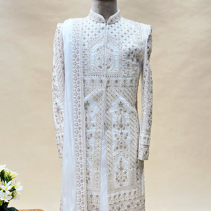 Traditional White Designer Silk Handwork Sherwani