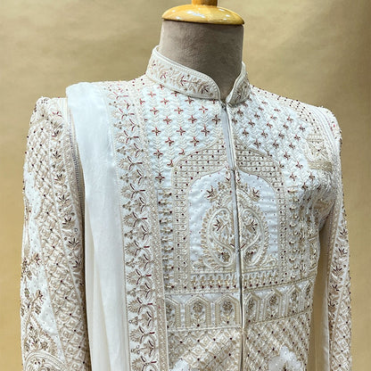 Traditional White Designer Silk Handwork Sherwani