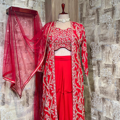 Red Designer Heavy Sharara Suit with Shrug Set