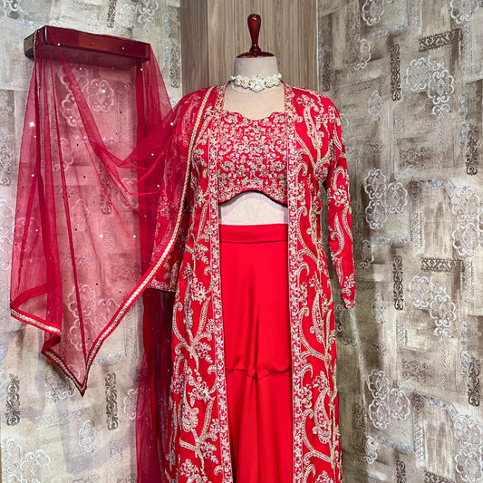 Red Designer Heavy Sharara Suit with Shrug Set