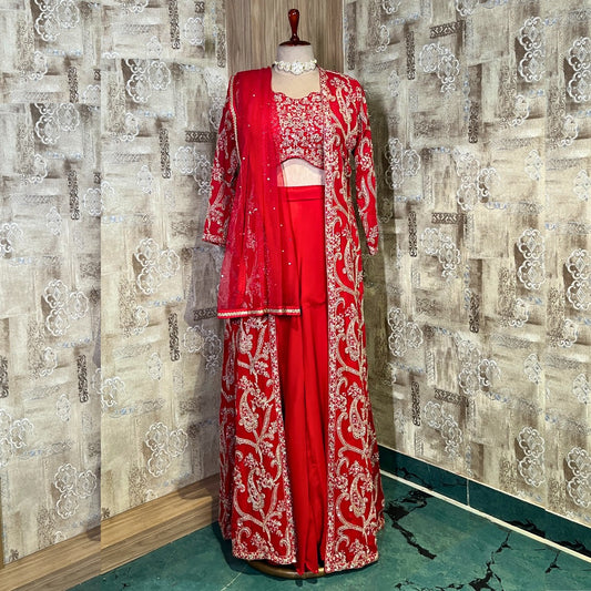 Red Designer Heavy Sharara Suit with Shrug Set