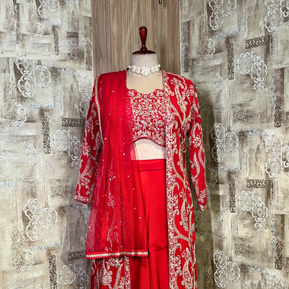 Red Designer Heavy Sharara Suit with Shrug Set