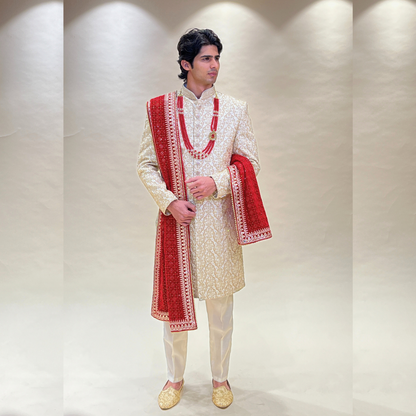 Sangam Hand Embroidered Raw Silk Sherwani